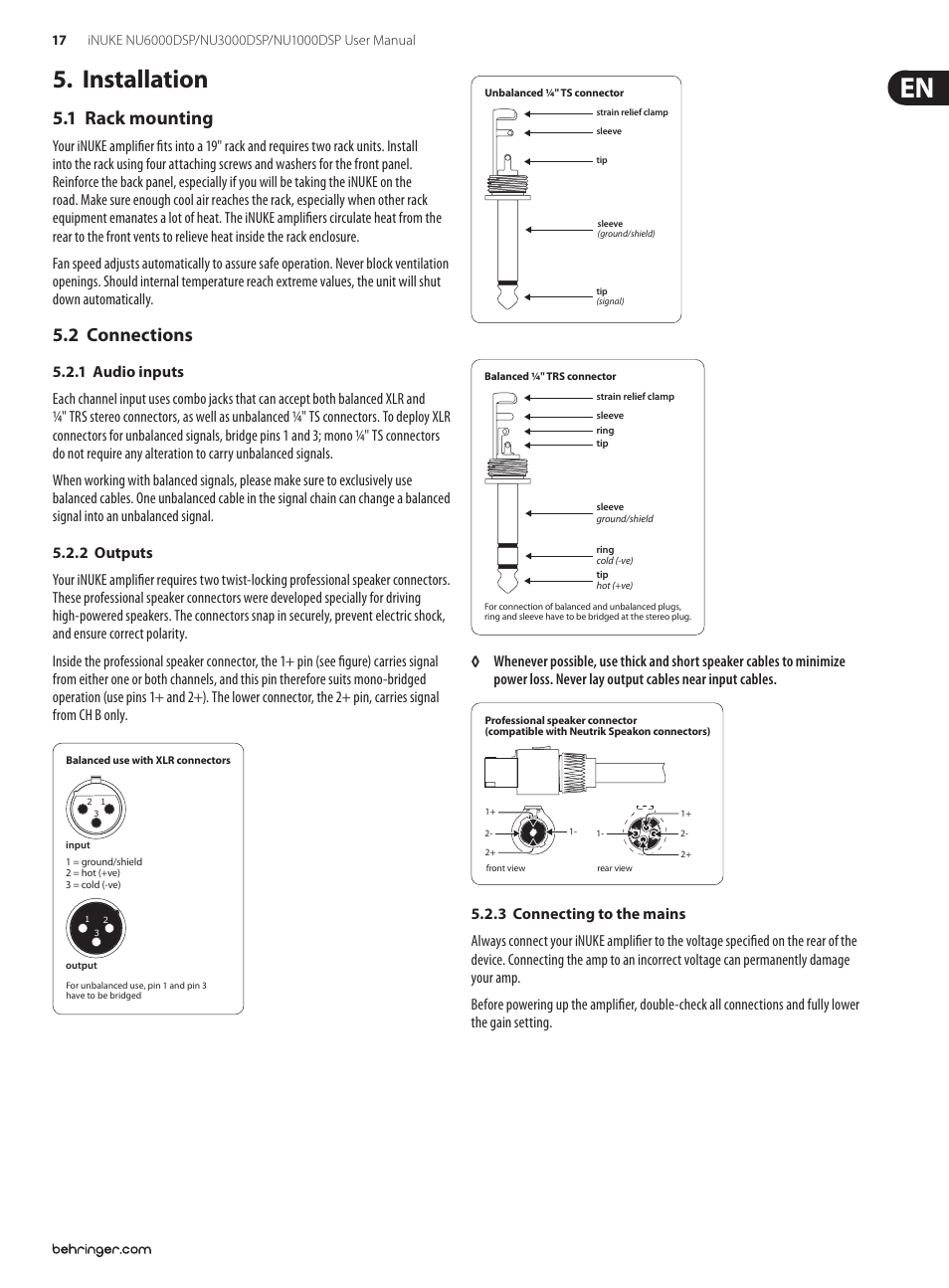 Installation, 1 rack mounting, 2 connections | 1 rack mounting 5.2 connections | Behringer iNuke NU6000DSP User Manual | Page 17 / 22