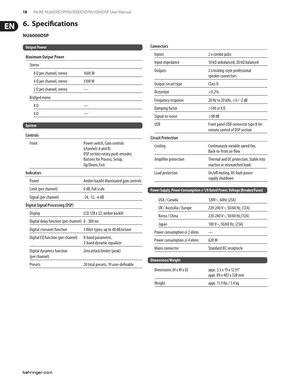 Specifications | Behringer iNuke NU6000DSP User Manual | Page 18 / 22
