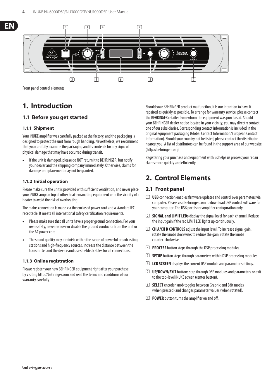 Introduction, 1 before you get started, Control elements | 1 front panel | Behringer iNuke NU6000DSP User Manual | Page 4 / 22