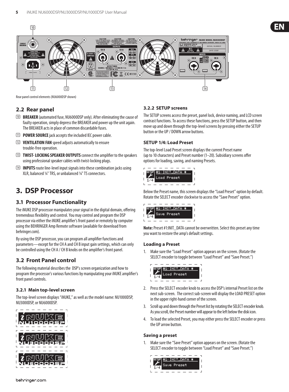 2 rear panel, Dsp processor, 1 processor functionality | 2 front panel control, 1 processor functionality 3.2 front panel control | Behringer iNuke NU6000DSP User Manual | Page 5 / 22