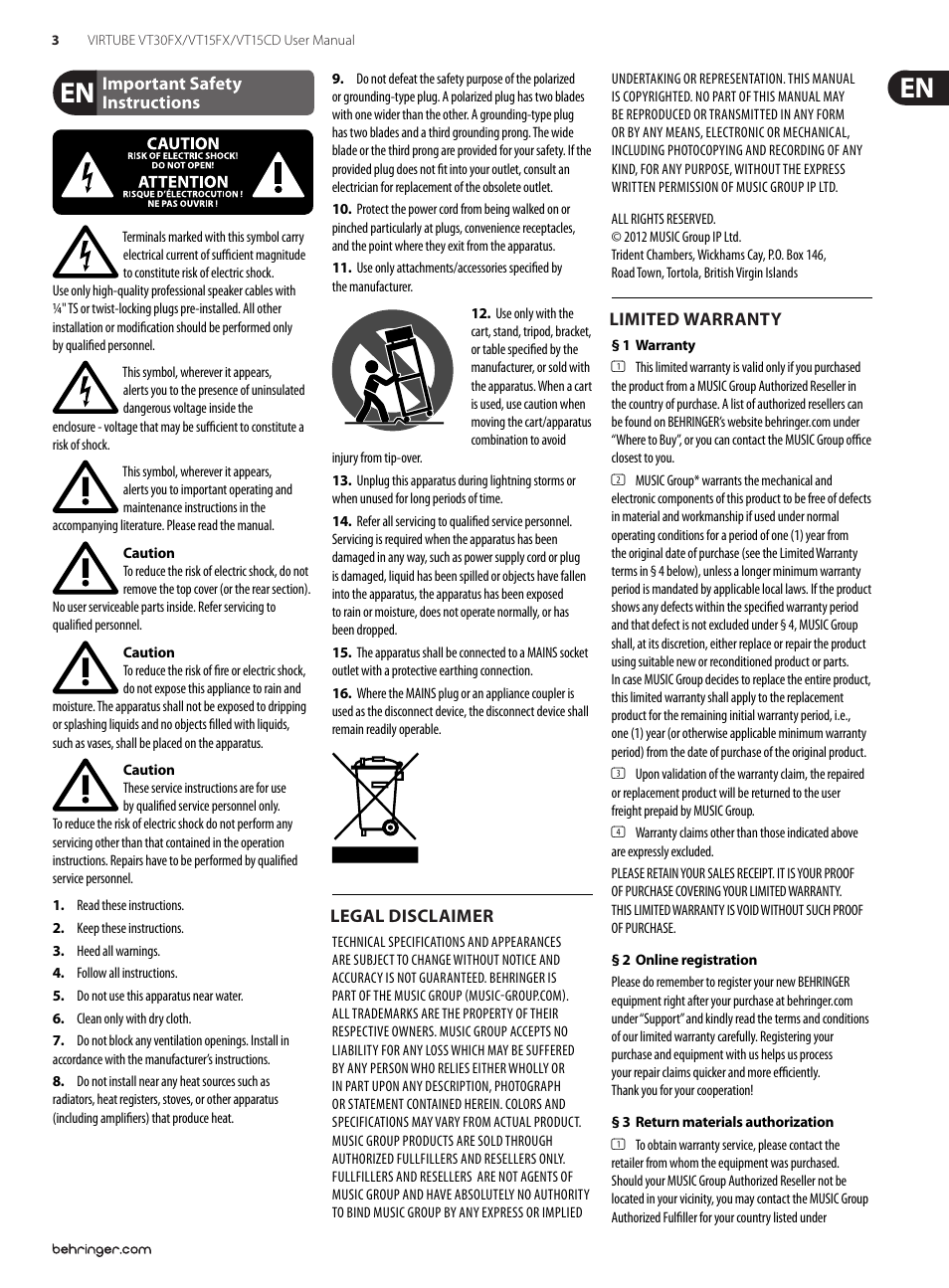 Important safety instructions, Legal disclaimer, Limited warranty | Behringer Virtube VT30FX User Manual | Page 3 / 11