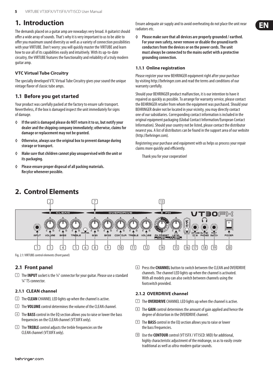 Introduction, 1 before you get started, 1 online registration | Control elements, 1 front panel, 1 clean channel, 2 overdrive channel, 1 clean channel 2.1.2 overdrive channel | Behringer Virtube VT30FX User Manual | Page 5 / 11