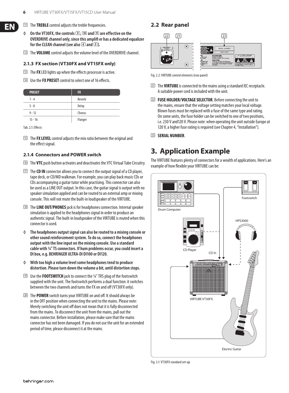 3 fx section (vt30fx and vt15fx only), 4 connectors and power switch, 2 rear panel | Application example | Behringer Virtube VT30FX User Manual | Page 6 / 11