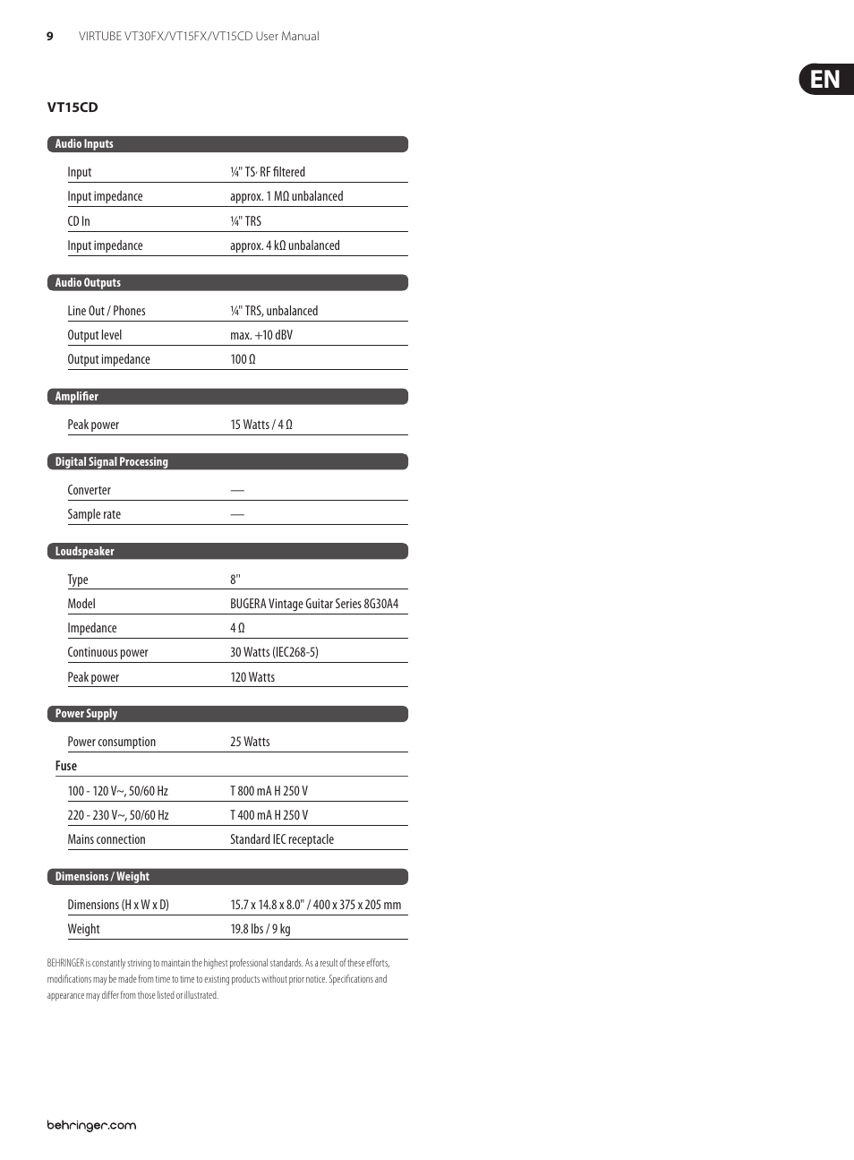 Behringer Virtube VT30FX User Manual | Page 9 / 11