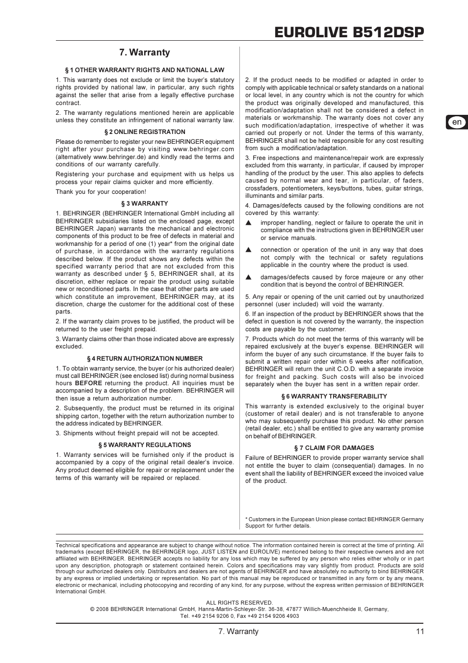 Eurolive b512dsp, Warranty | Behringer Eurolive B512DSP User Manual | Page 11 / 12
