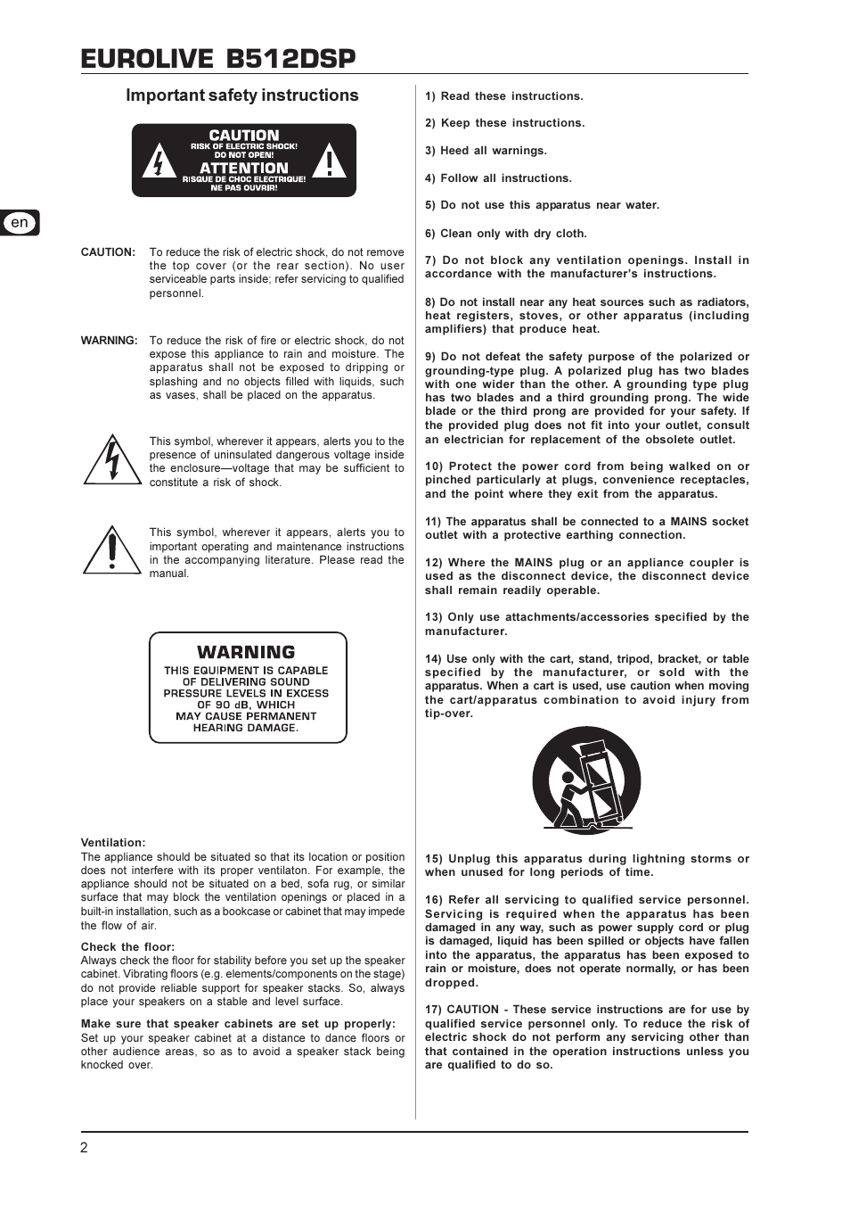 Eurolive b512dsp, Important safety instructions | Behringer Eurolive B512DSP User Manual | Page 2 / 12