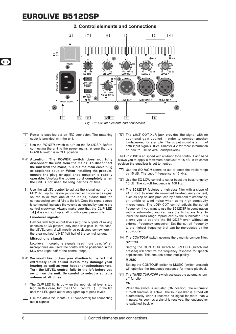 Eurolive b512dsp, Control elements and connections | Behringer Eurolive B512DSP User Manual | Page 6 / 12