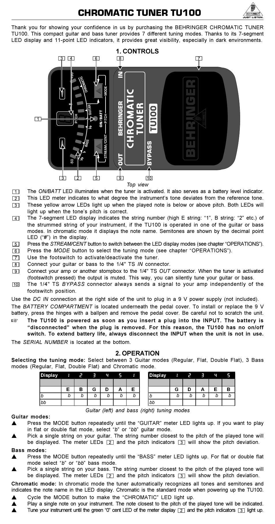 Behringer Chromatic Tuner TU100 User Manual | 2 pages