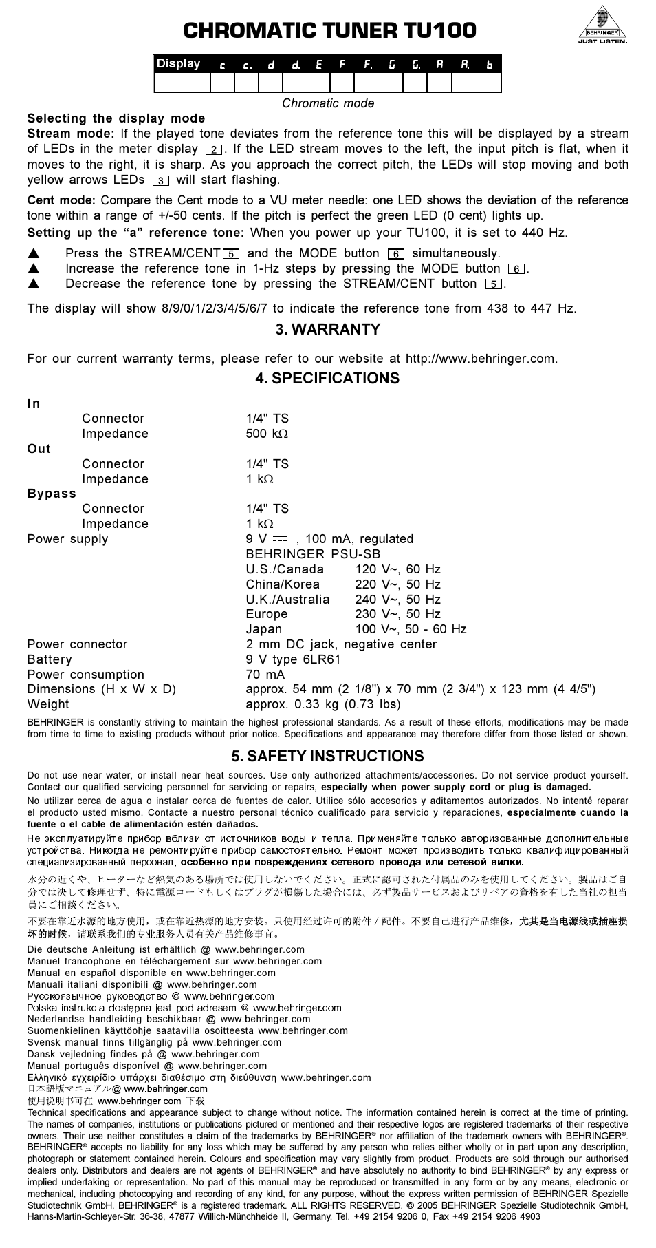 Chromatic tuner tu100, Warranty, Specifications | Safety instructions | Behringer Chromatic Tuner TU100 User Manual | Page 2 / 2