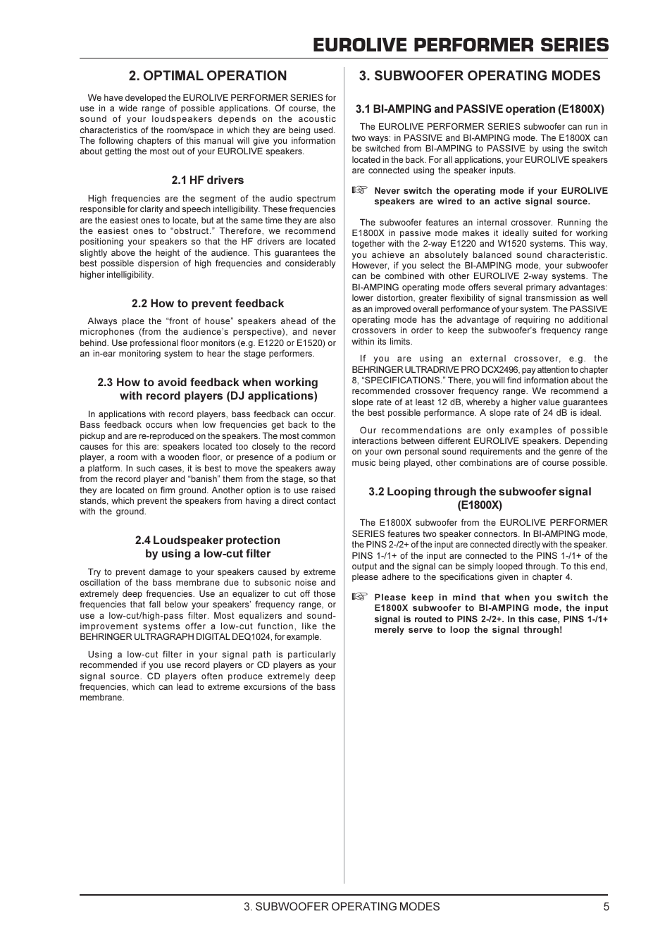 Eurolive performer series, Optimal operation, Subwoofer operating modes | Behringer E1220 User Manual | Page 5 / 10