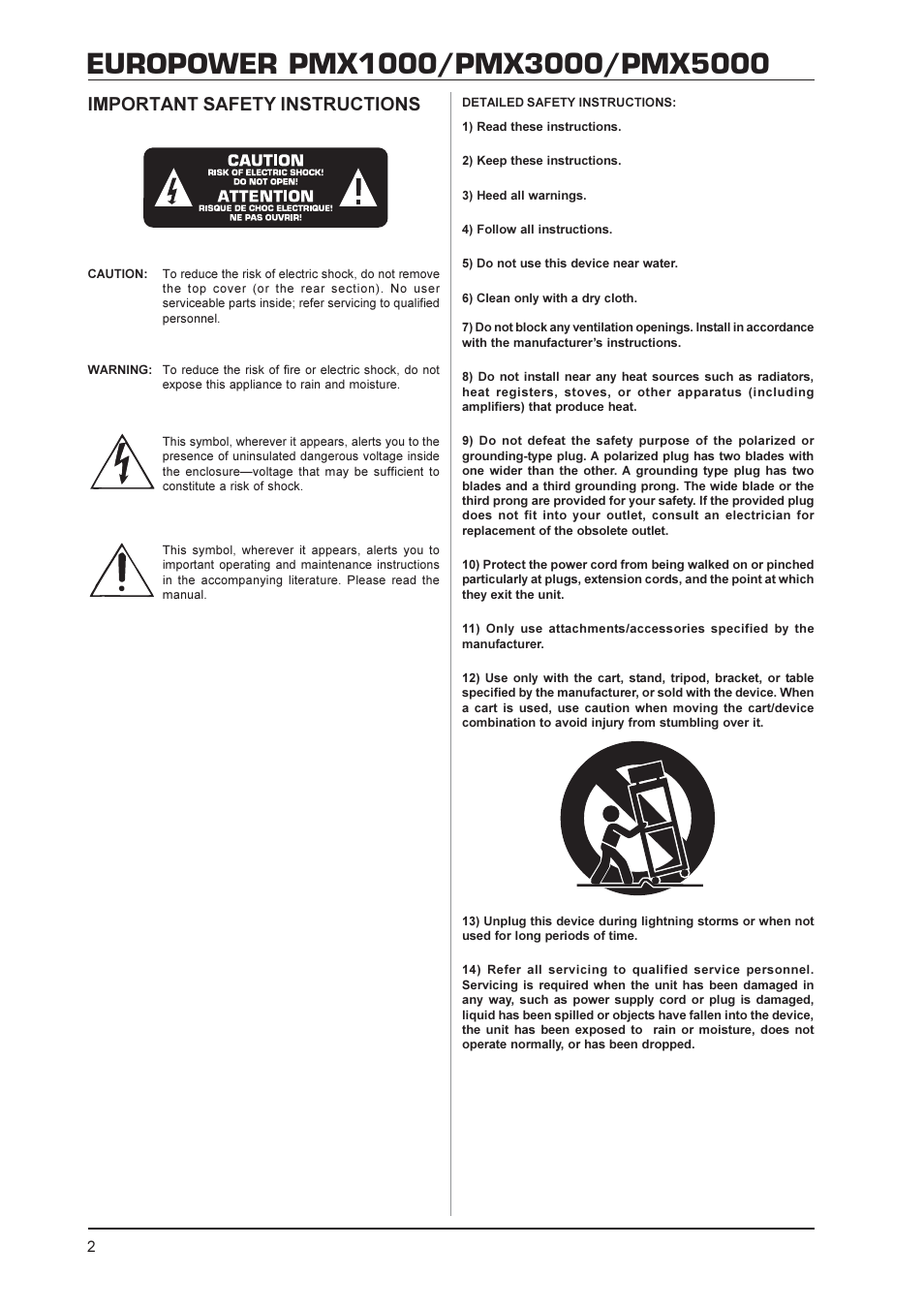 Important safety instructions | Behringer PMX5000 User Manual | Page 2 / 14