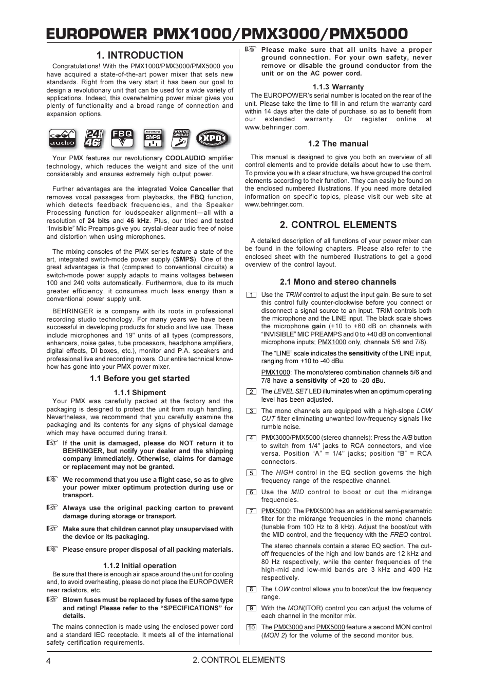 Introduction, Control elements | Behringer PMX5000 User Manual | Page 4 / 14