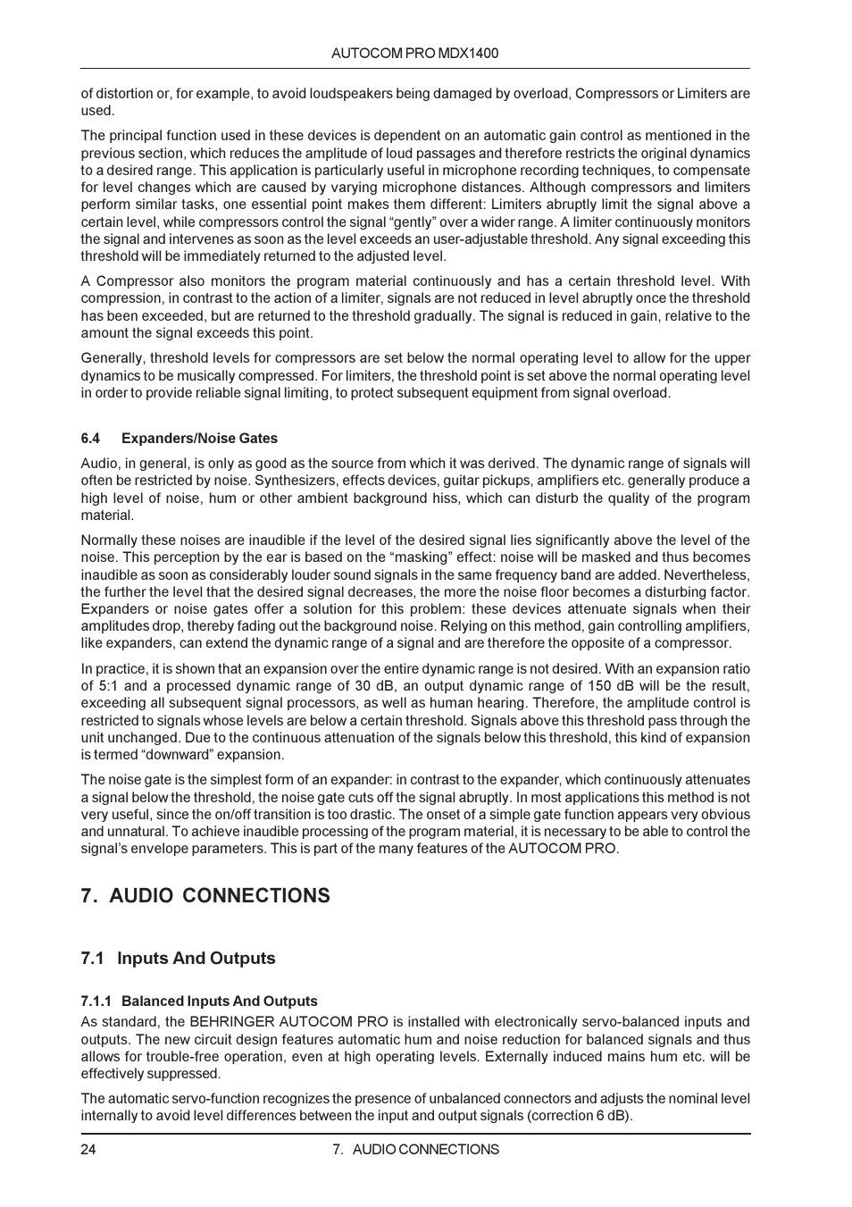 Audio connections | Behringer MDX1400 User Manual | Page 24 / 28