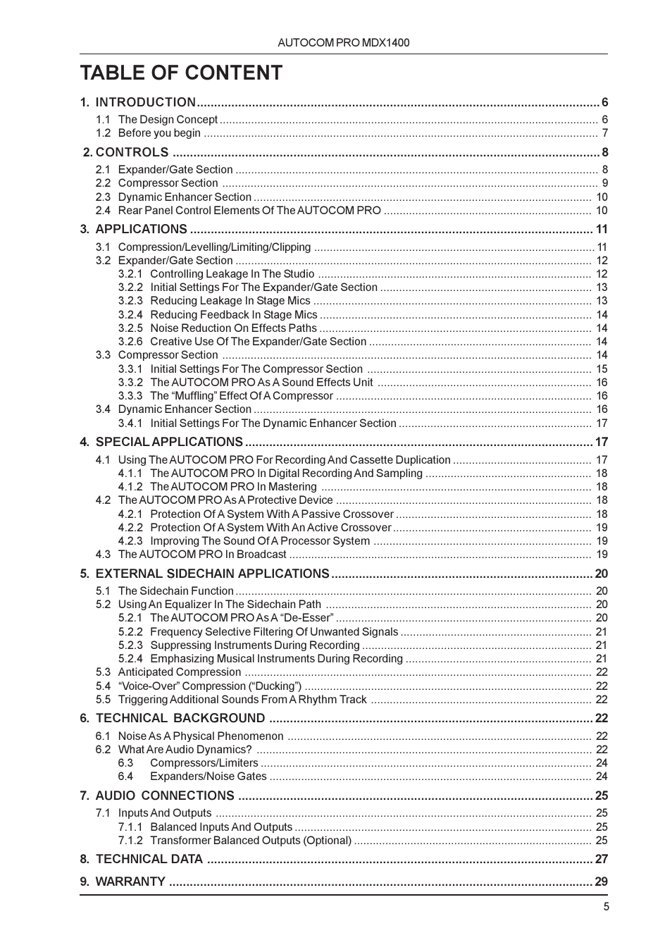 Table of content | Behringer MDX1400 User Manual | Page 5 / 28