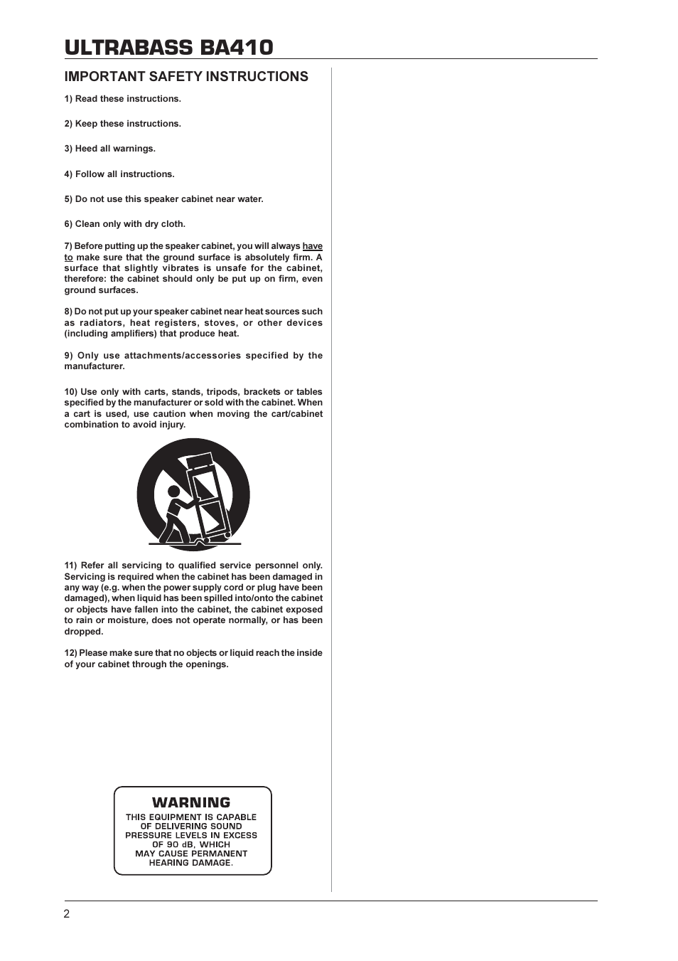 Ultrabass ba410, Important safety instructions | Behringer BA410 User Manual | Page 2 / 9