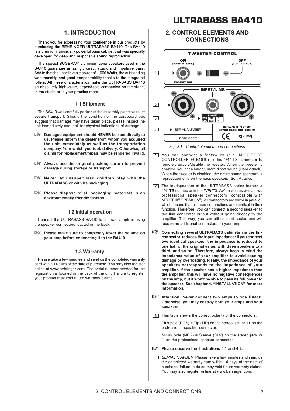 Ultrabass ba410, Control elements and connections, Introduction | Behringer BA410 User Manual | Page 5 / 9