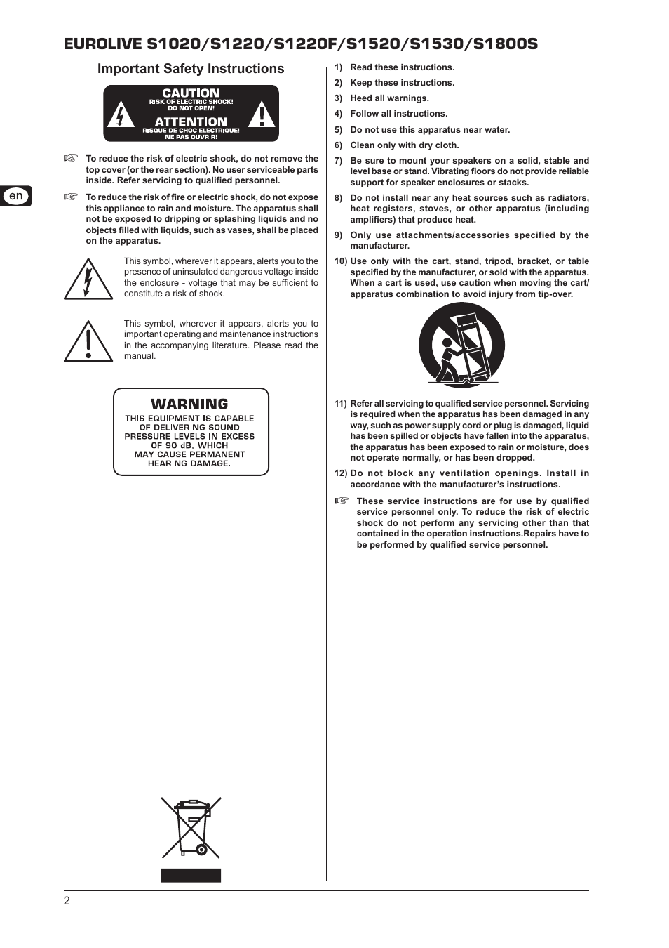 Important safety instructions | Behringer S1220 User Manual | Page 2 / 7