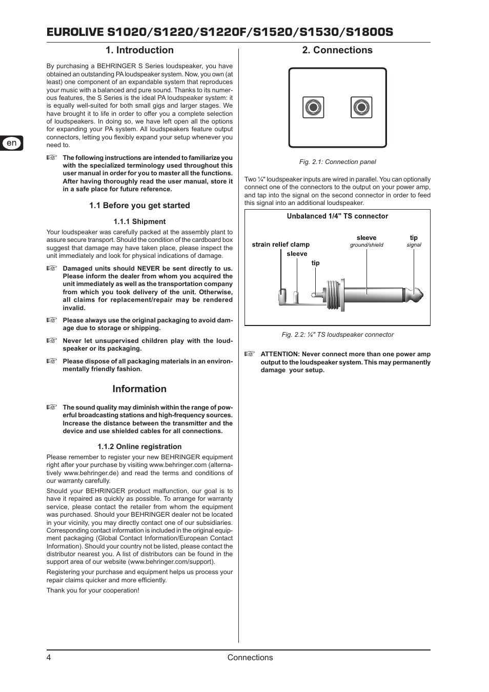 Introduction, 1 before you get started, 1 shipment | 2 online registration, Connections, 1 shipment 1.1.2 online registration, Introduction 1, Information, Connections 2 | Behringer S1220 User Manual | Page 4 / 7