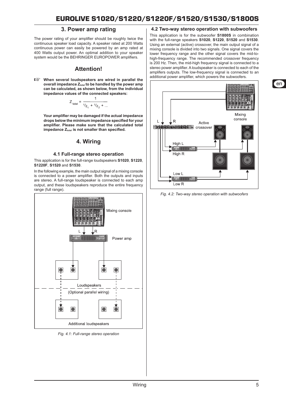 Power amp rating, Wiring, 1 full-range stereo operation | 2 two-way stereo operation with subwoofers, Power amp rating 3, Attention, Wiring 4 | Behringer S1220 User Manual | Page 5 / 7