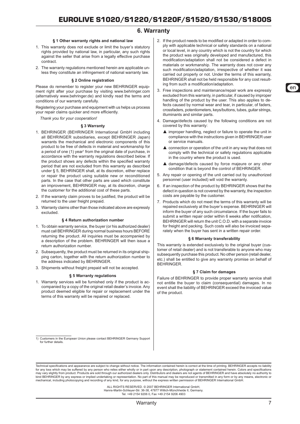 Warranty, Warranty 6, Warranty 7 | Behringer S1220 User Manual | Page 7 / 7
