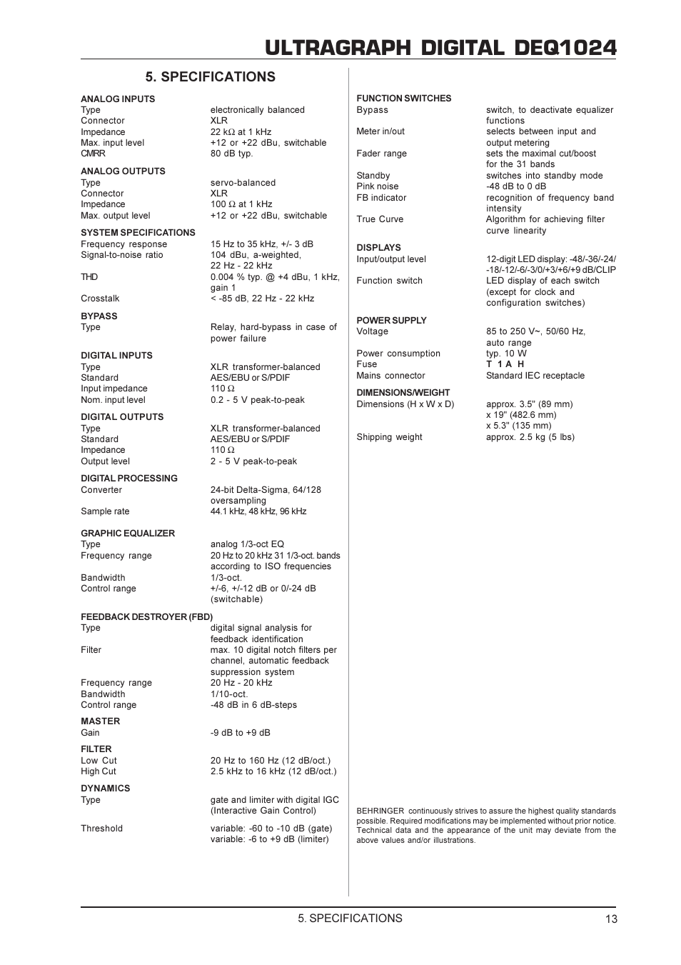 Ultragraph digital deq1024, Specifications | Behringer DEQ1024 User Manual | Page 13 / 14