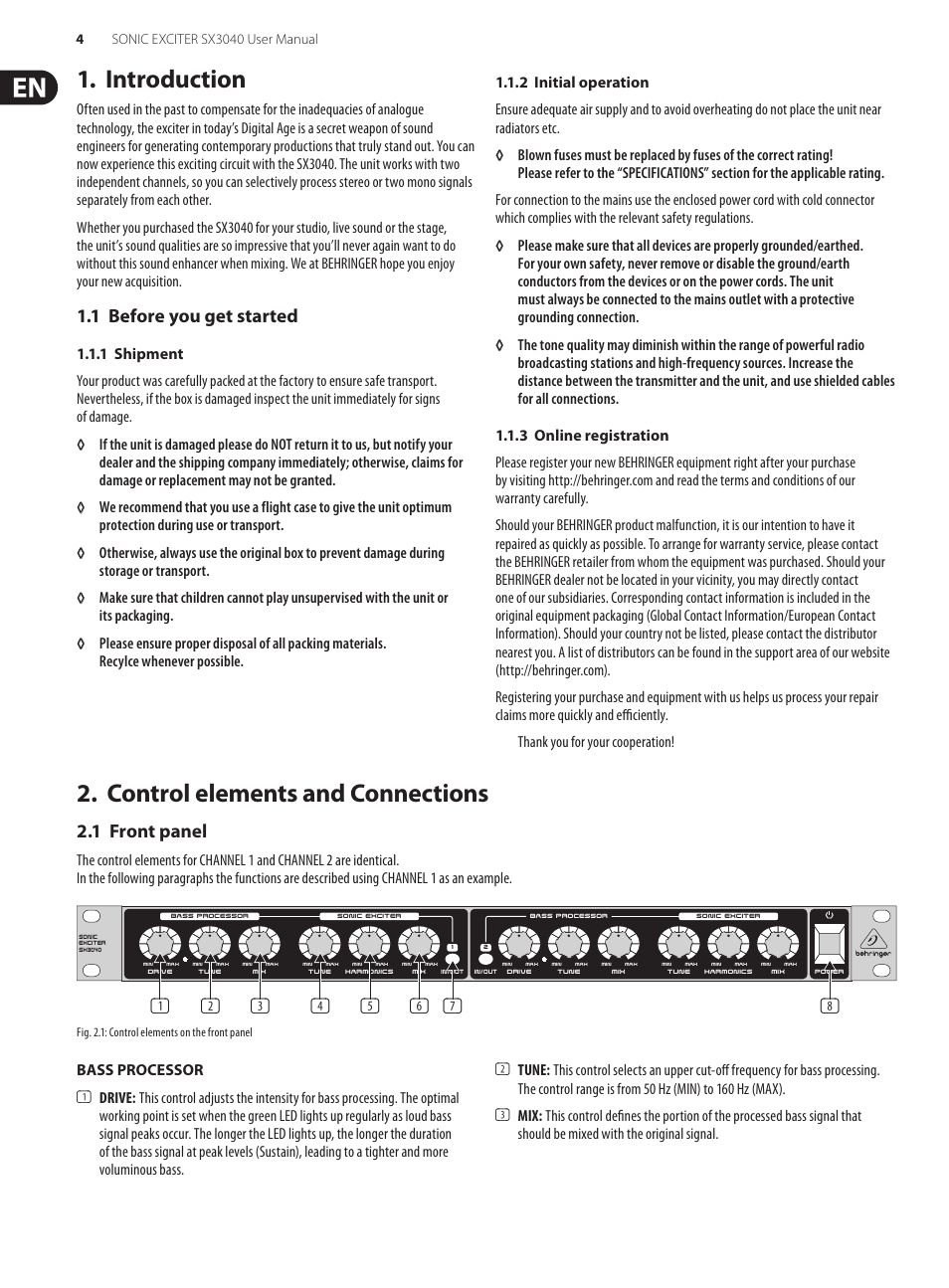 Introduction, 1 before you get started, 1 shipment | 2 initial operation, 3 online registration, Control elements and connections, 1 front panel | Behringer Sonic Exciter SX3040 User Manual | Page 4 / 10
