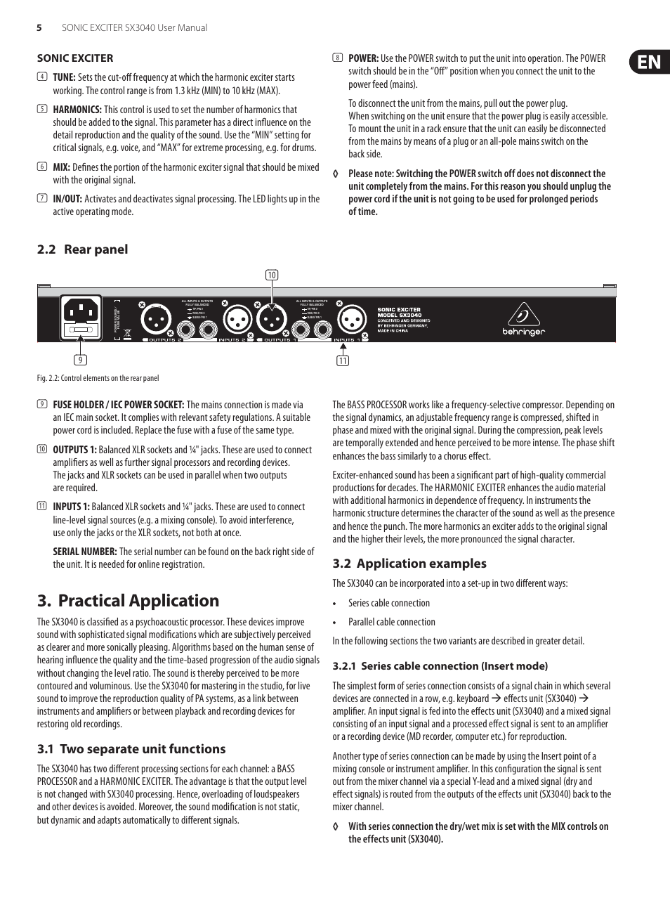 2 rear panel, Practical application, 1 two separate unit functions | 2 application examples, 1 series cable connection (insert mode) | Behringer Sonic Exciter SX3040 User Manual | Page 5 / 10