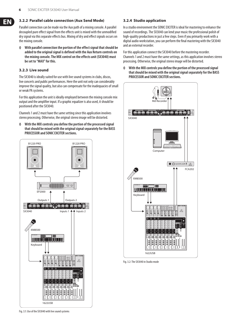 2 parallel cable connection (aux send mode), 3 live sound, 4 studio application | Min max | Behringer Sonic Exciter SX3040 User Manual | Page 6 / 10
