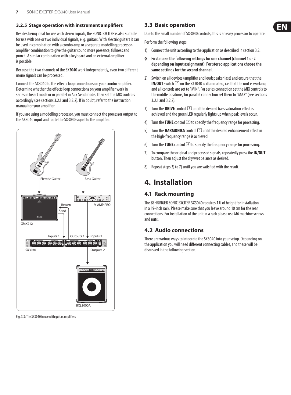 5 stage operation with instrument amplifiers, 3 basic operation, Installation | 1 rack mounting, 2 audio connections, 1 rack mounting 4.2 audio connections | Behringer Sonic Exciter SX3040 User Manual | Page 7 / 10