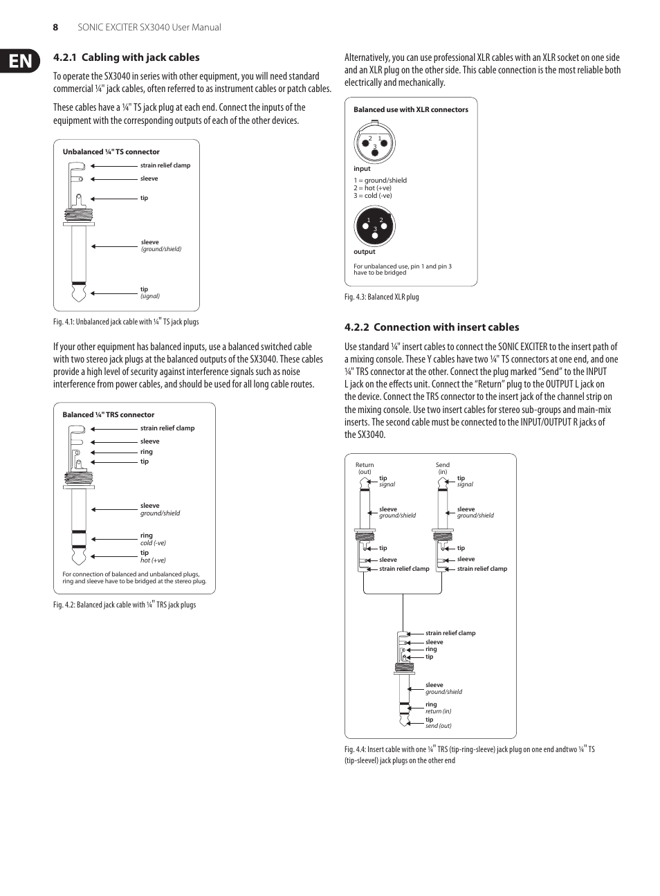 1 cabling with jack cables, 2 connection with insert cables | Behringer Sonic Exciter SX3040 User Manual | Page 8 / 10