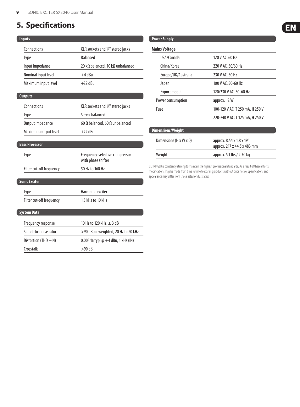 Specifications | Behringer Sonic Exciter SX3040 User Manual | Page 9 / 10