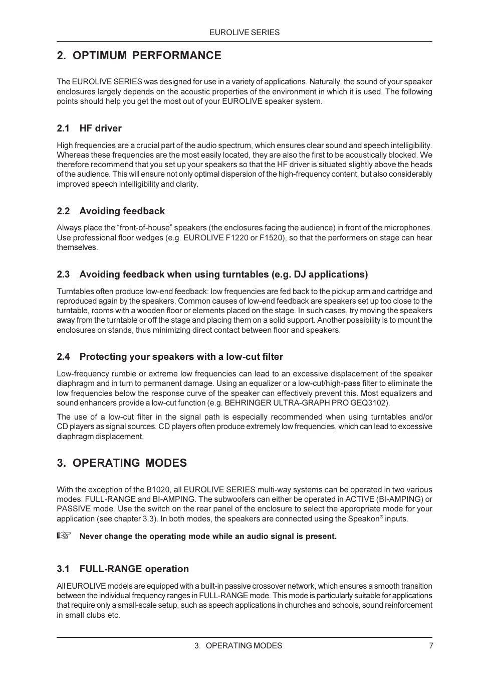 Optimum performance, Operating modes | Behringer Eurolive Speakers B1800X User Manual | Page 7 / 11