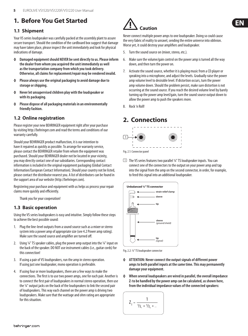 Before you get started, 1 shipment, 2 online registration | 3 basic operation, Connections | Behringer EUROLIVE VS1520 User Manual | Page 5 / 11
