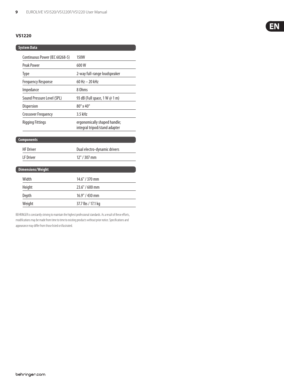 Behringer EUROLIVE VS1520 User Manual | Page 9 / 11