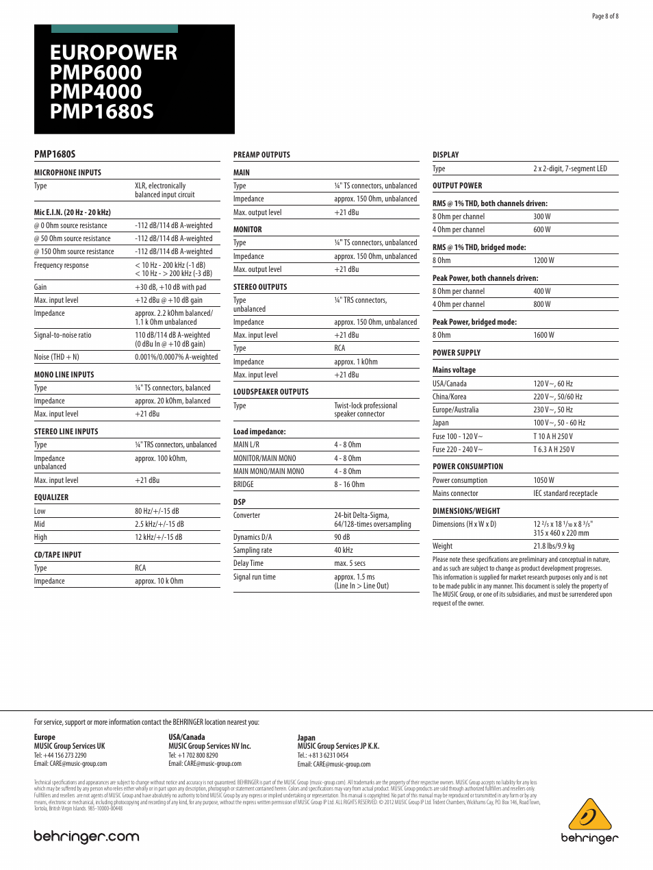 Pmp1680s | Behringer EUROPOWER PMP6000 User Manual | Page 8 / 8