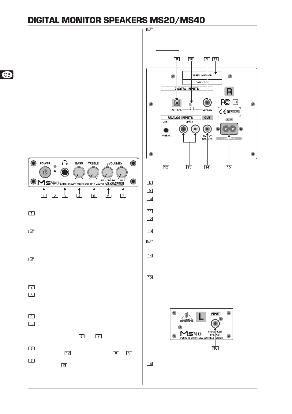 Digital monitor speakers ms20/ms40, Control elements and connections | Behringer Digital Monitor MS20 User Manual | Page 4 / 6