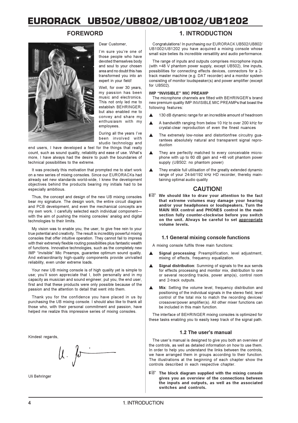 Eurorack, Introduction, Caution | Foreword | Behringer UB502 User Manual | Page 4 / 10