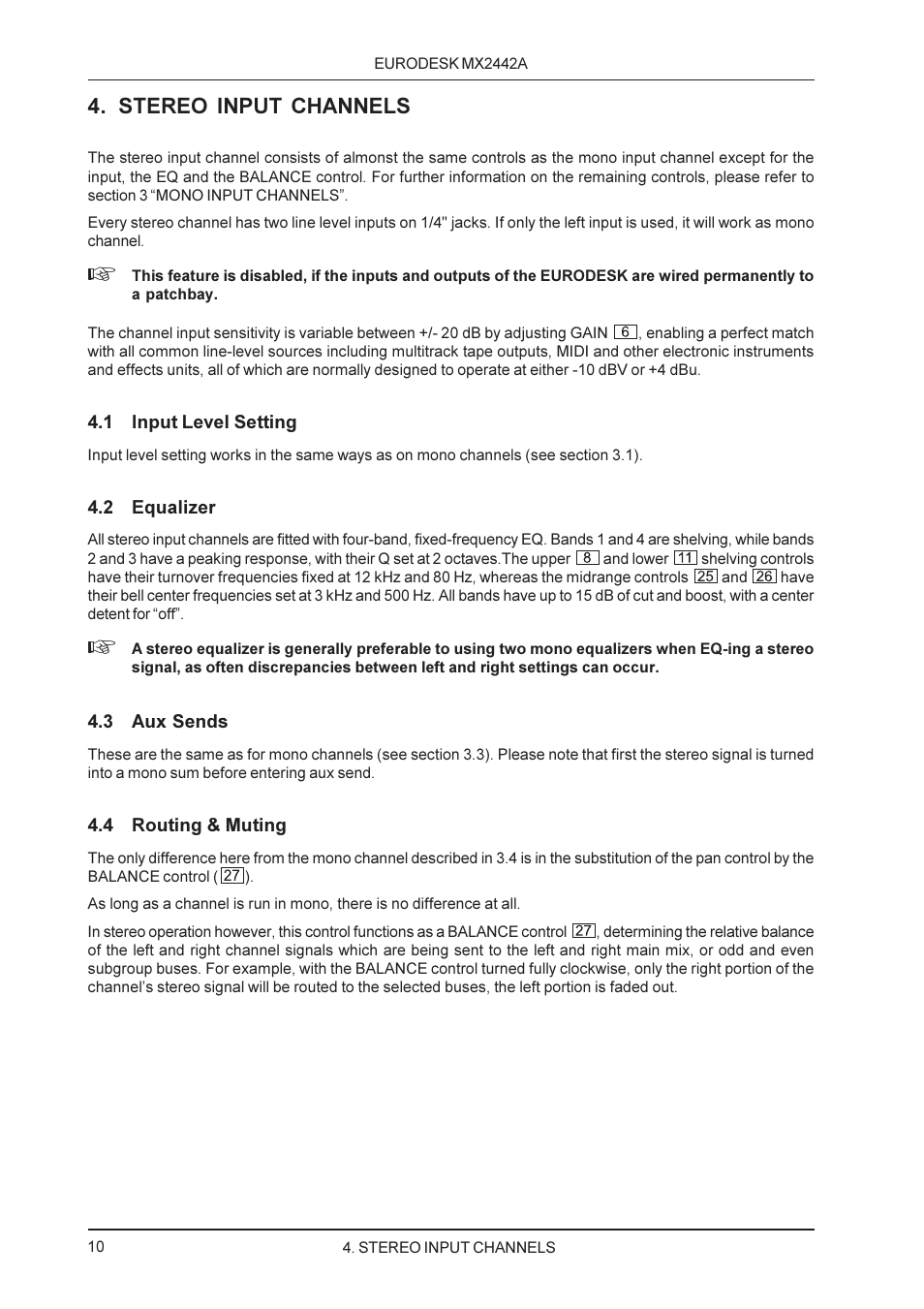 Stereo input channels | Behringer MX2442A User Manual | Page 10 / 23