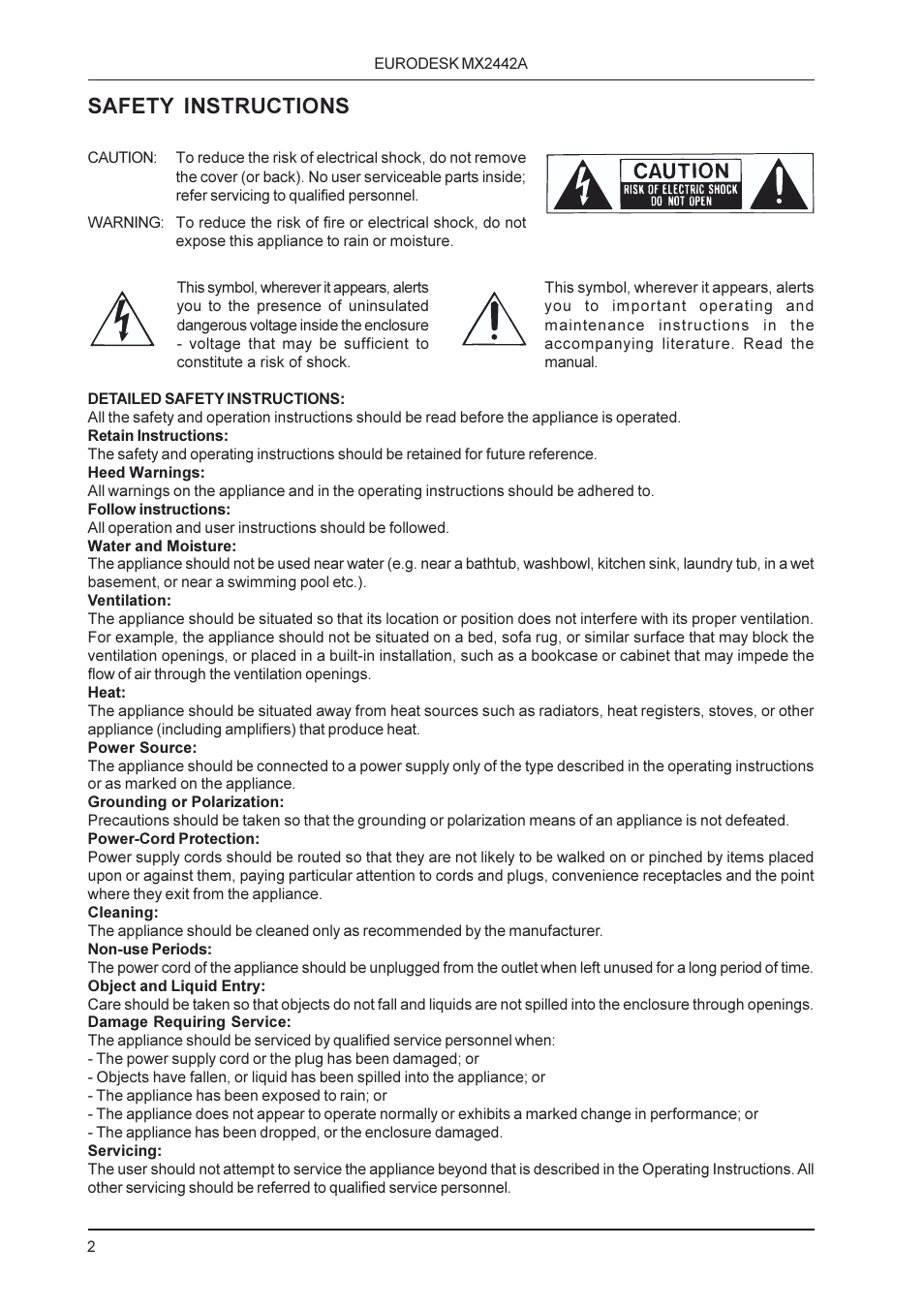 Safety instructions | Behringer MX2442A User Manual | Page 2 / 23