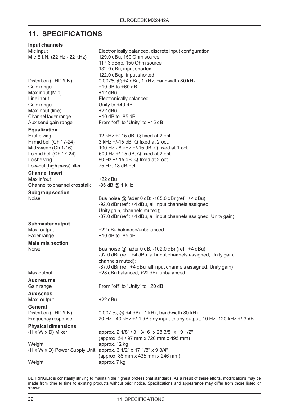 Specifications | Behringer MX2442A User Manual | Page 22 / 23