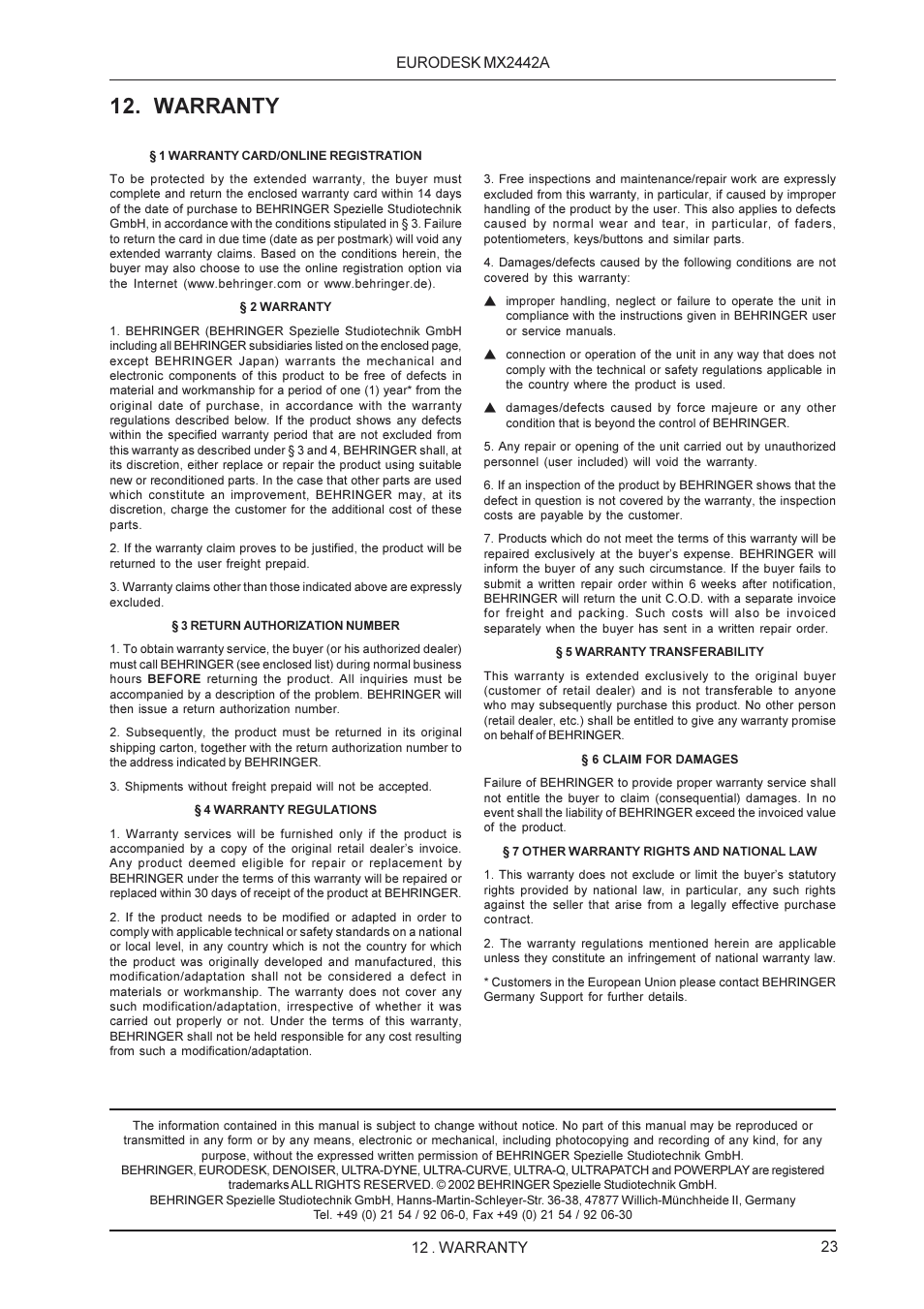 Warranty, 12 . warranty | Behringer MX2442A User Manual | Page 23 / 23