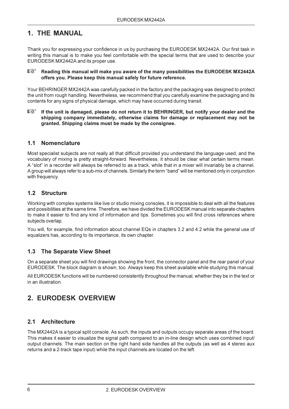 The manual, Eurodesk overview | Behringer MX2442A User Manual | Page 6 / 23