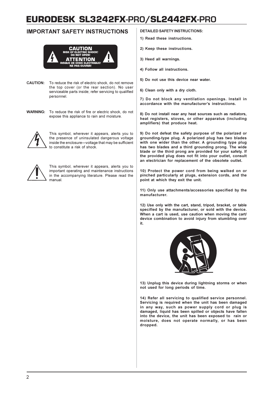 Eurodesk sl3242fx, Sl2442fx, Important safety instructions | Behringer SL2442FX-PRO User Manual | Page 2 / 17