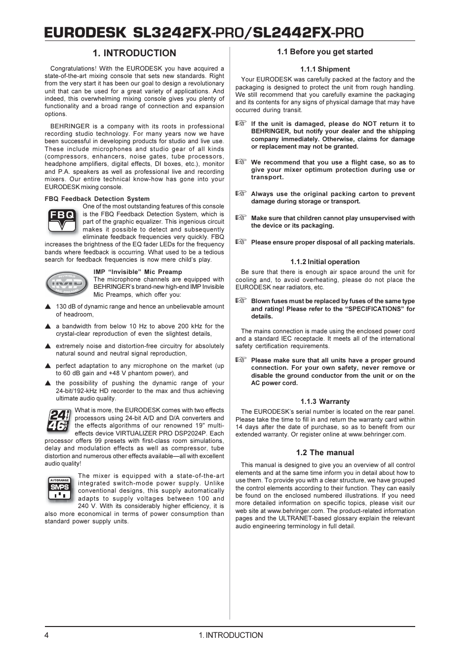 Eurodesk sl3242fx, Sl2442fx, Introduction | Behringer SL2442FX-PRO User Manual | Page 4 / 17