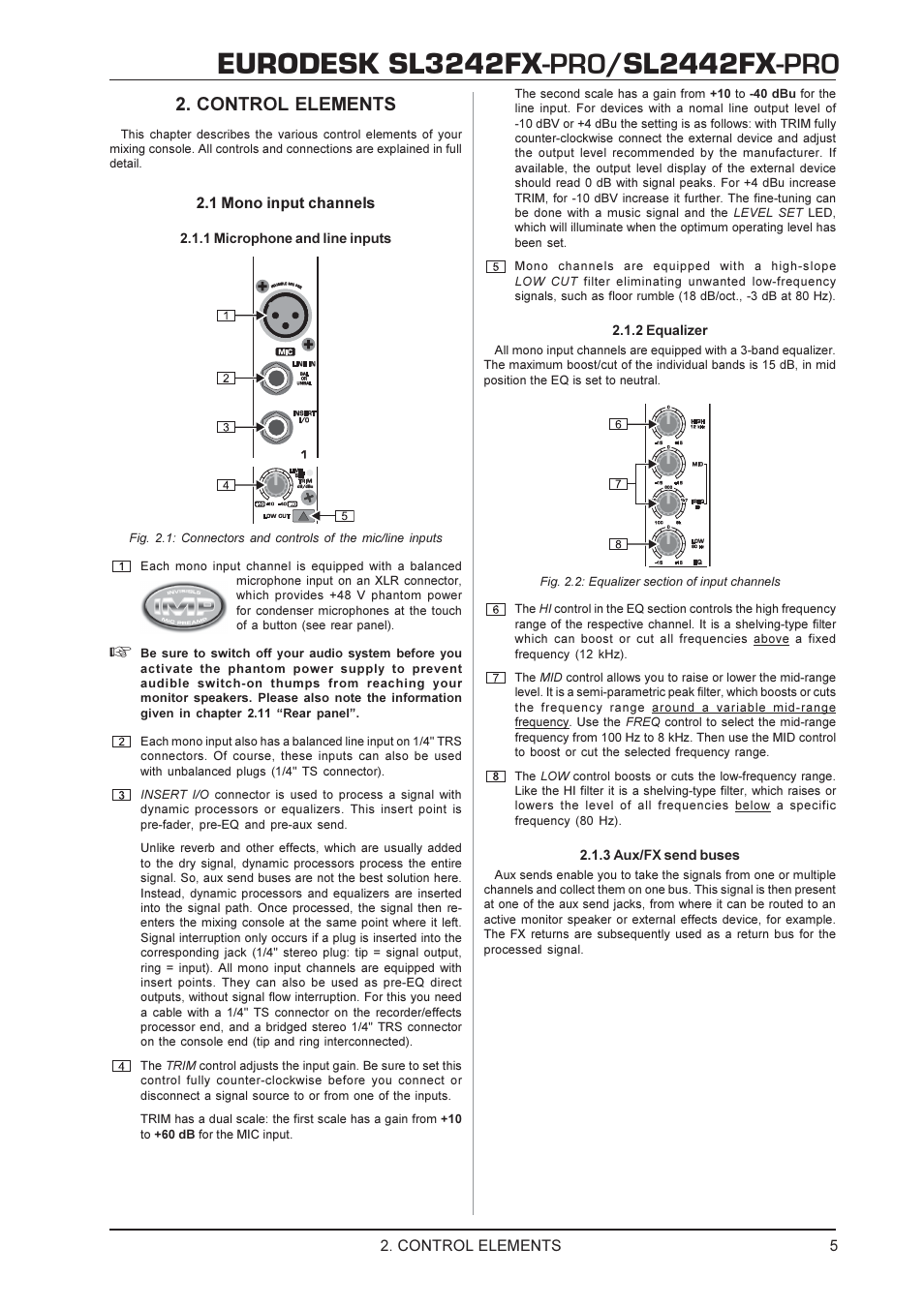 Eurodesk sl3242fx, Sl2442fx, Control elements | Behringer SL2442FX-PRO User Manual | Page 5 / 17