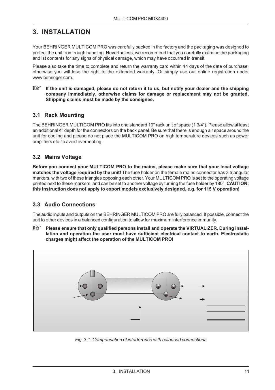Installation, 1 rack mounting, 2 mains voltage | 3 audio connections | Behringer MDX4400 User Manual | Page 11 / 25