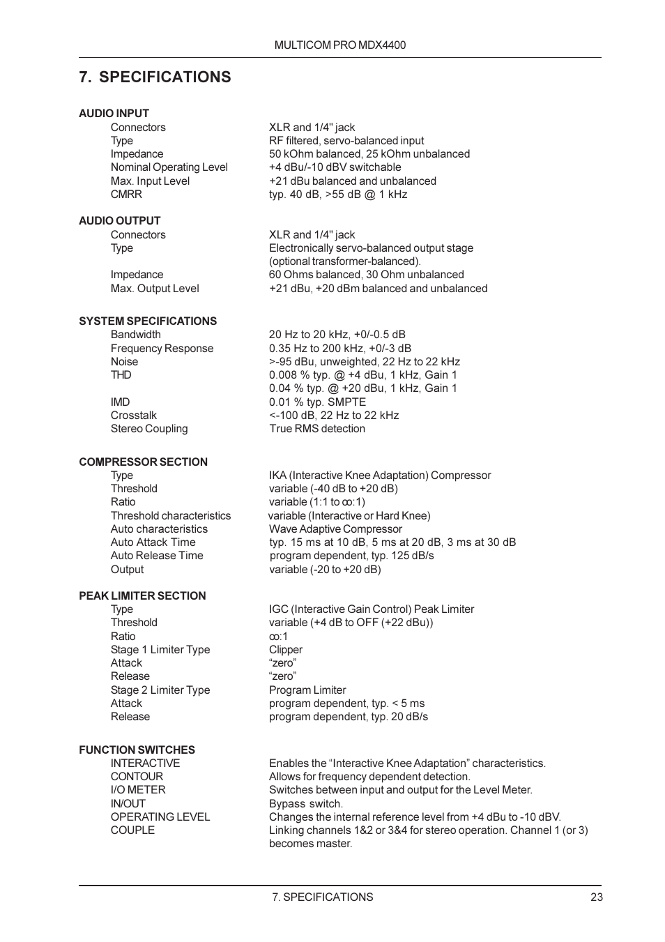 Specifications | Behringer MDX4400 User Manual | Page 23 / 25