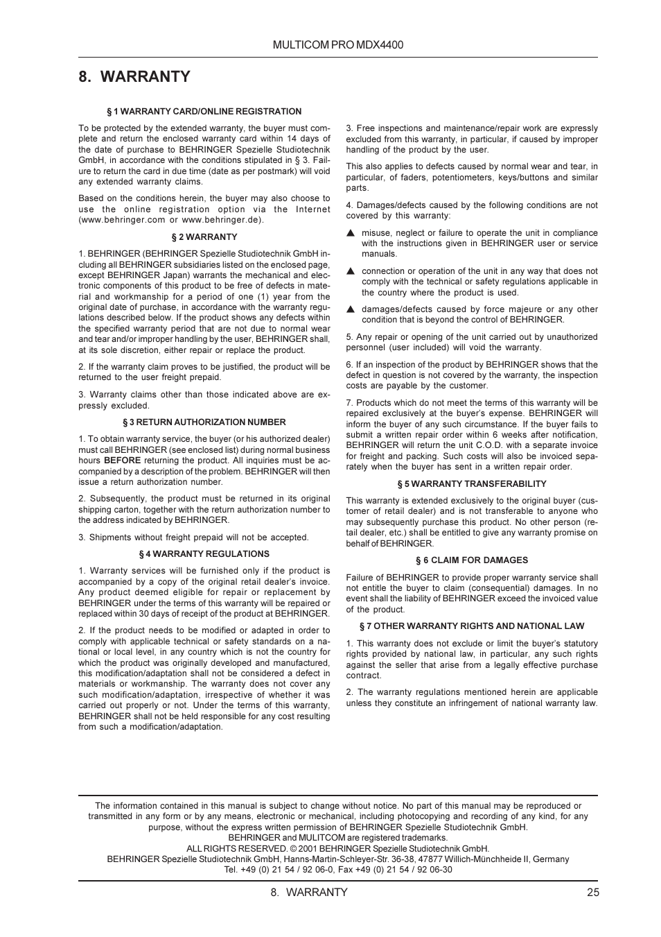 Warranty | Behringer MDX4400 User Manual | Page 25 / 25