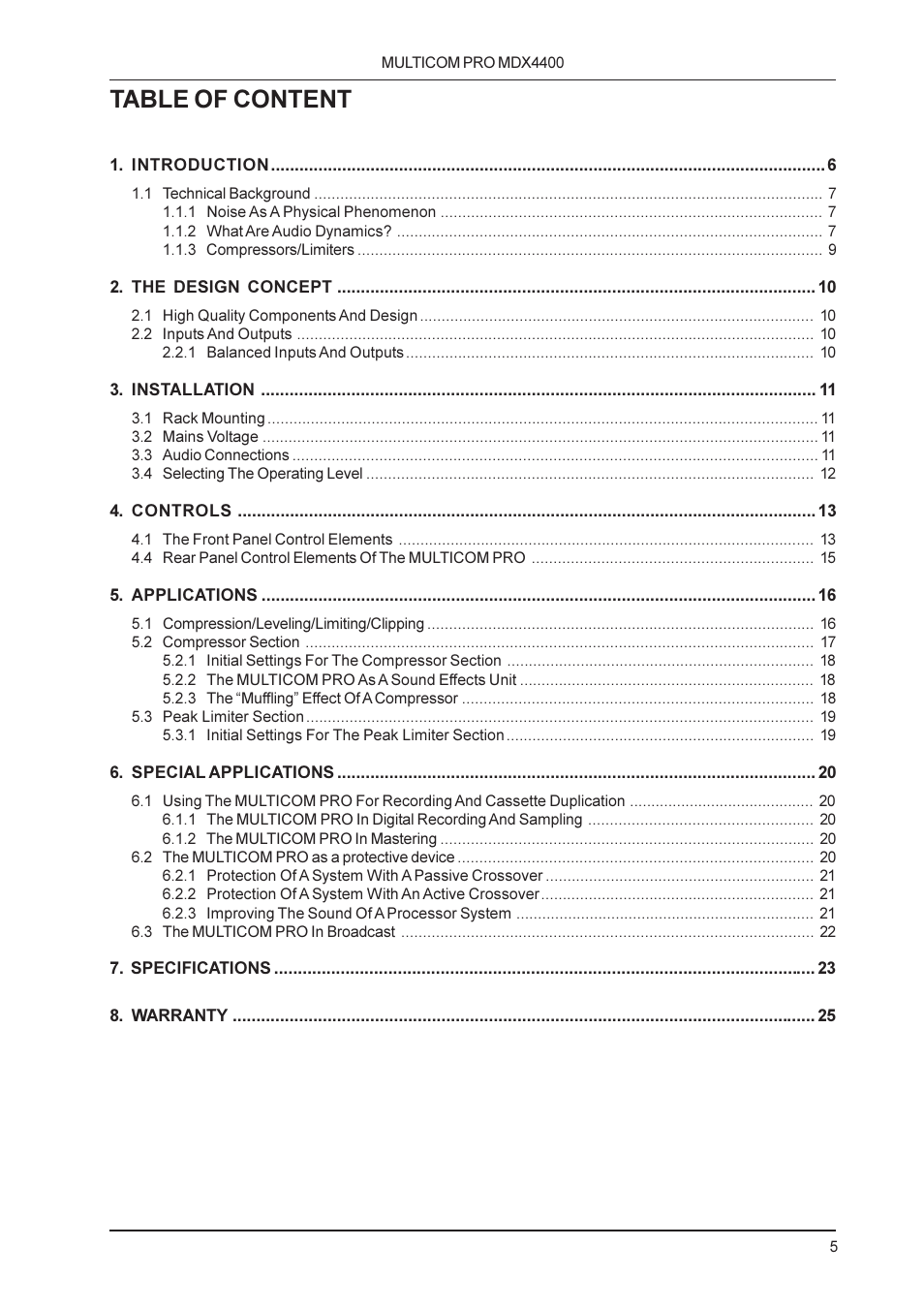Table of content | Behringer MDX4400 User Manual | Page 5 / 25