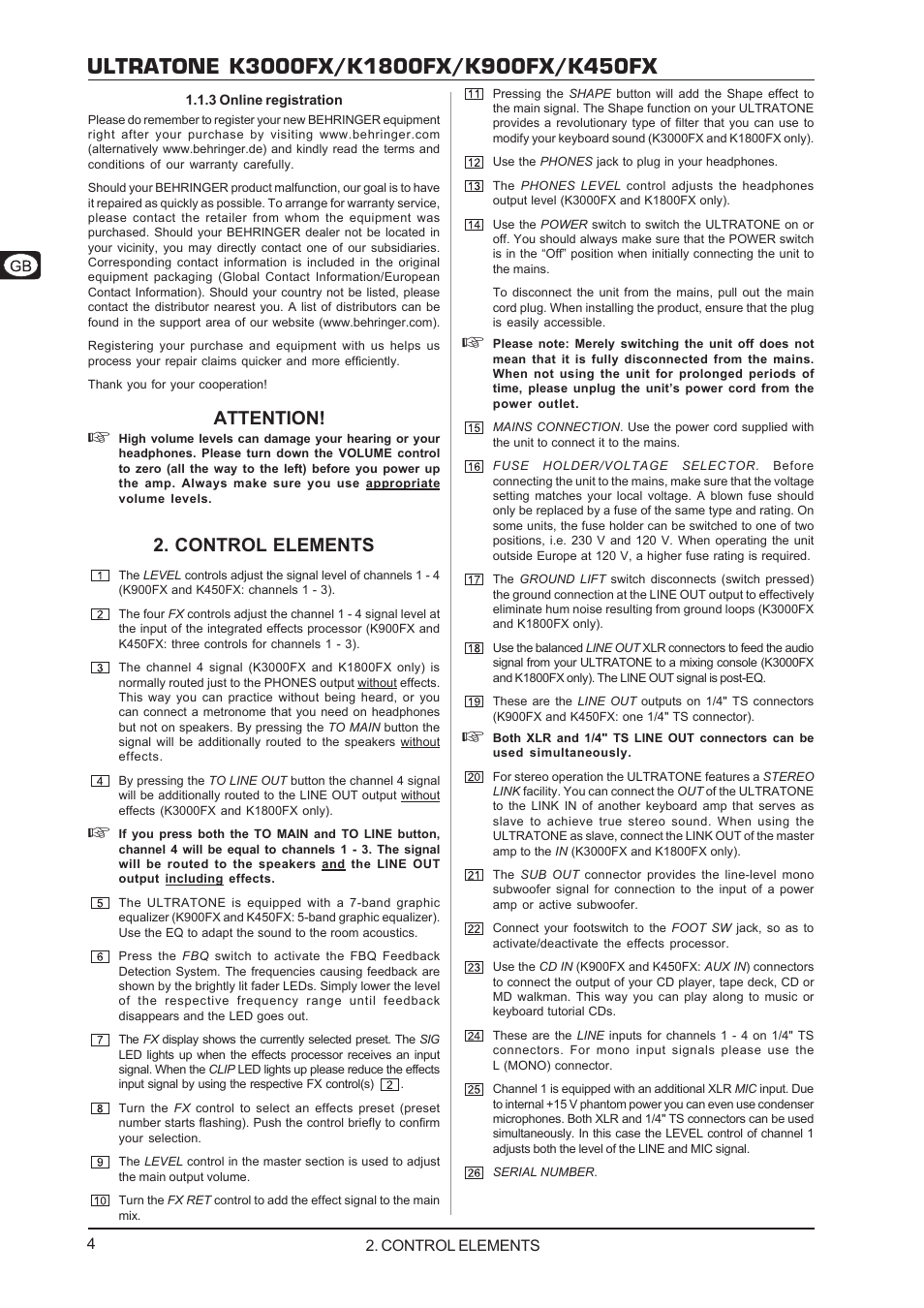 3 online registration, Control elements, Attention | Behringer K450FX User Manual | Page 4 / 8